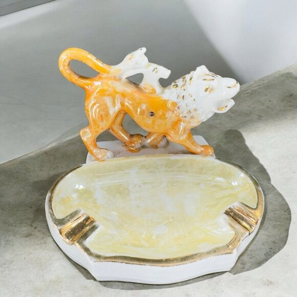 Porcelain Lusterware Other - Vintage Porcelain Lusterware Ashtray Dish With A Lion Cat Animal Vintage Decor